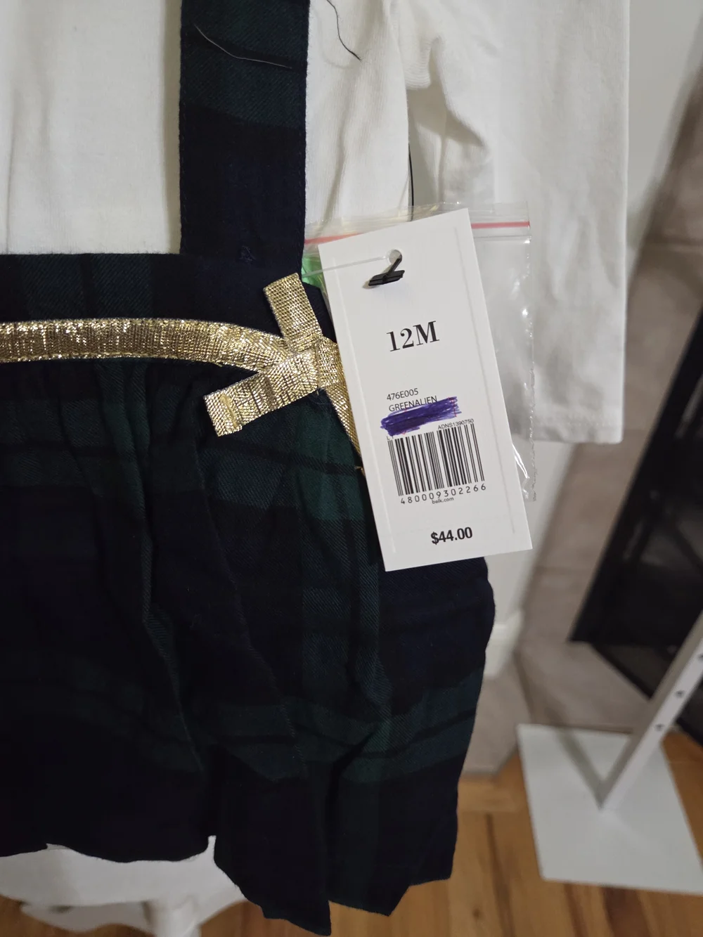 crown & ivy White Peter Pan Top with Green & Navy Plaid Suspender Skirt